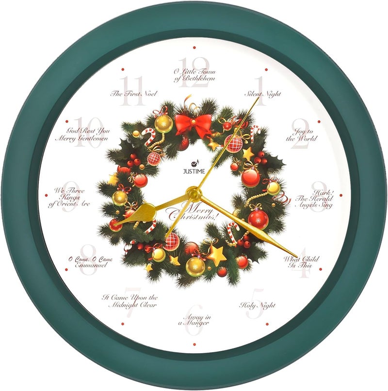 JUSTIME 14-inch 12 Song of Carols of Christmas Wreath Melody Wall Clock Christmas Musical Clock Chime Wall Clock in Wall Christmas Home Decor Wall Deco Round Wall Clock Green - Image 1